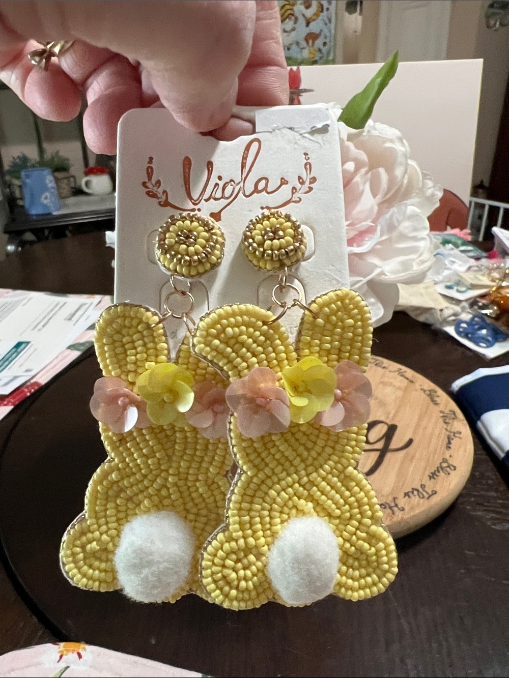 New Viola Yellow Beaded Bunny Earrings